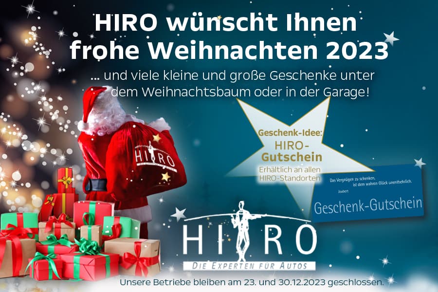 HIRO wünscht Ihnen frohe Weihnachten 2023. Unsere Betriebe bleiben am 23.12.23 und 30.12.23 geschlossen